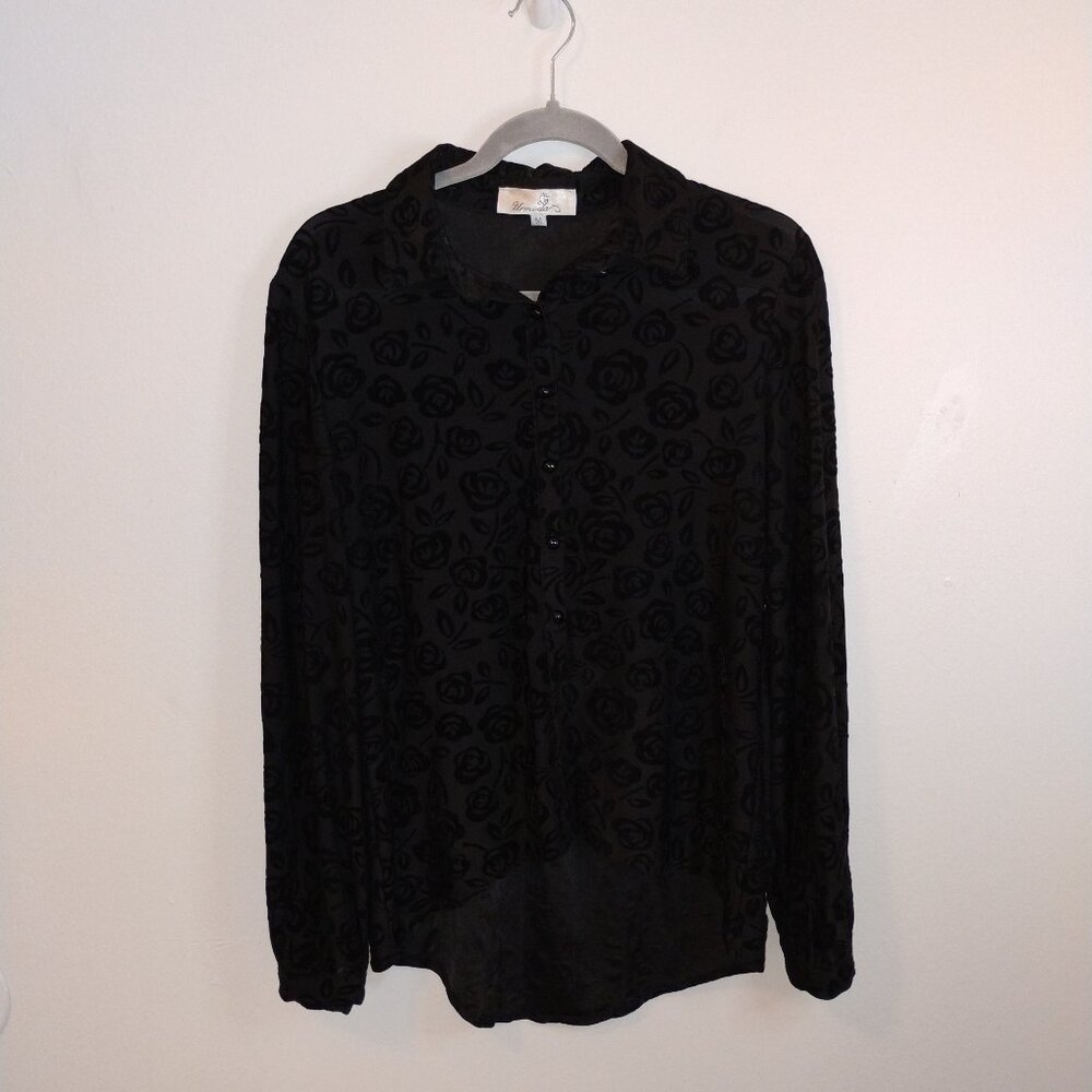 Black Velour embossed Rose Goth Whimsygoth velvety dark romantic tunic blouse M